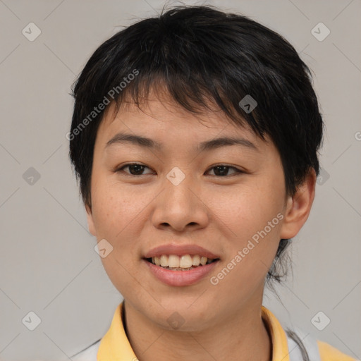 Joyful asian young-adult female with short  brown hair and brown eyes