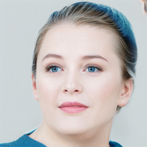 Joyful white young-adult female with short  brown hair and blue eyes