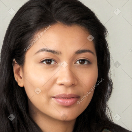 Neutral latino young-adult female with long  brown hair and brown eyes