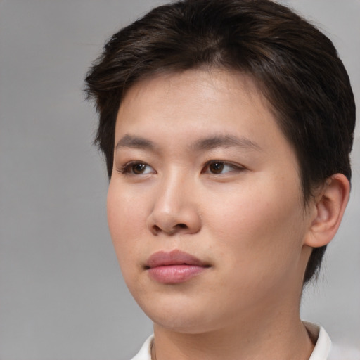 Neutral asian young-adult female with short  brown hair and brown eyes