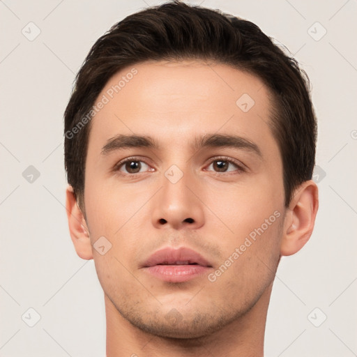 Neutral white young-adult male with short  brown hair and brown eyes