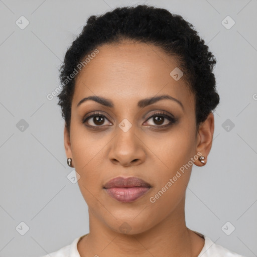 Joyful latino young-adult female with short  black hair and brown eyes