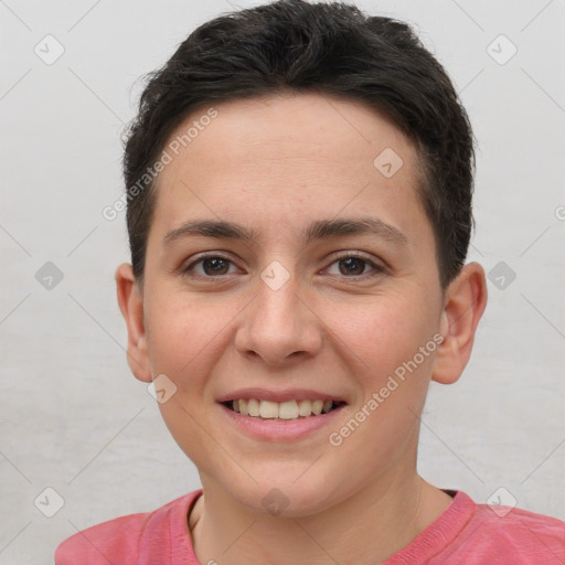 Joyful white young-adult female with short  brown hair and brown eyes