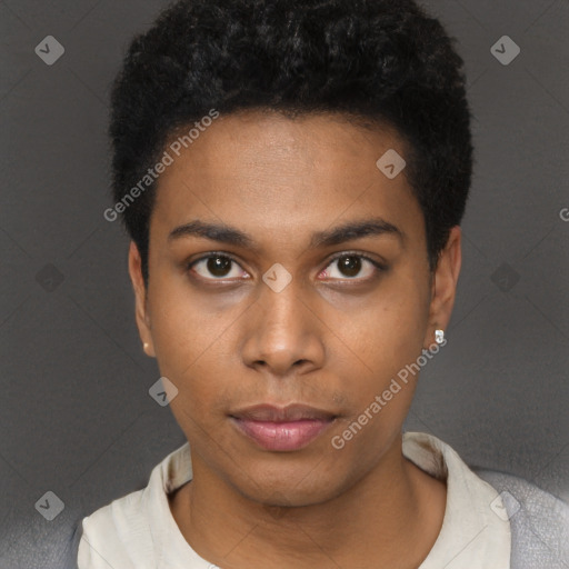 Neutral black young-adult male with short  black hair and brown eyes