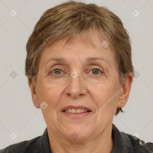 Joyful white middle-aged female with short  brown hair and brown eyes