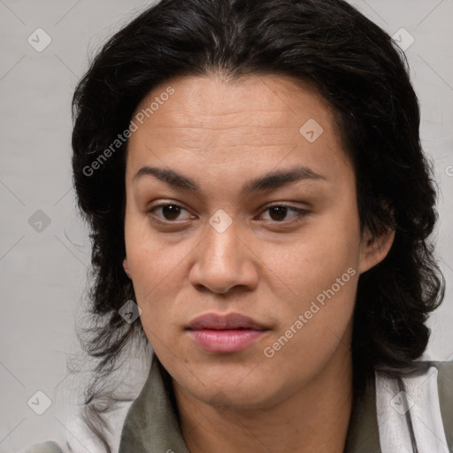 Neutral latino young-adult female with medium  brown hair and brown eyes