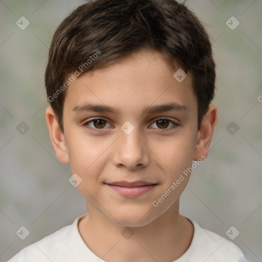 Joyful white child male with short  brown hair and brown eyes