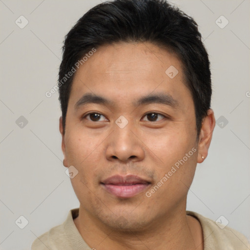 Neutral asian young-adult male with short  black hair and brown eyes