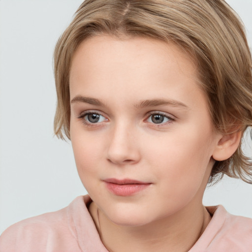 Neutral white child female with medium  brown hair and grey eyes