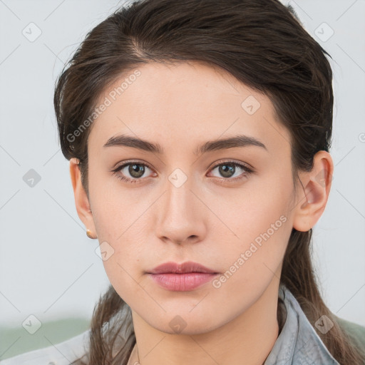 Neutral white young-adult female with medium  brown hair and brown eyes