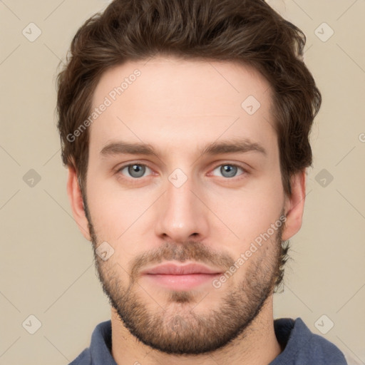 Neutral white young-adult male with short  brown hair and grey eyes