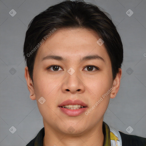 Joyful asian young-adult female with short  brown hair and brown eyes