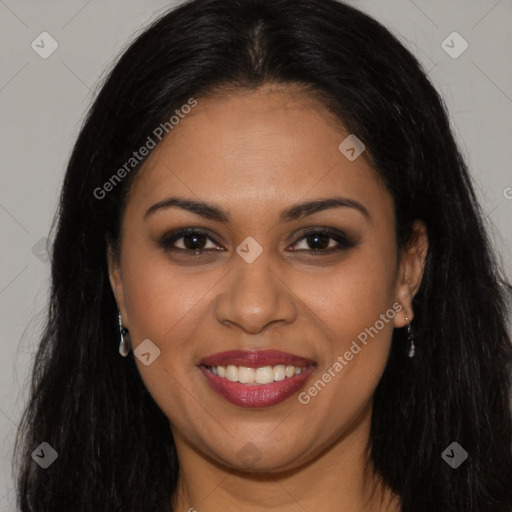 Joyful latino young-adult female with long  brown hair and brown eyes