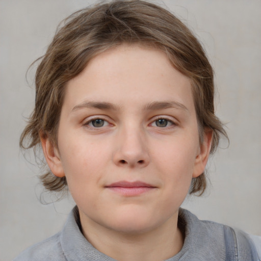 Joyful white child female with medium  brown hair and grey eyes