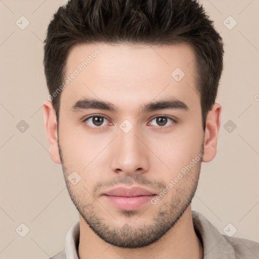 Neutral white young-adult male with short  brown hair and brown eyes