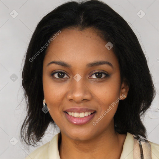 Joyful black young-adult female with medium  black hair and brown eyes