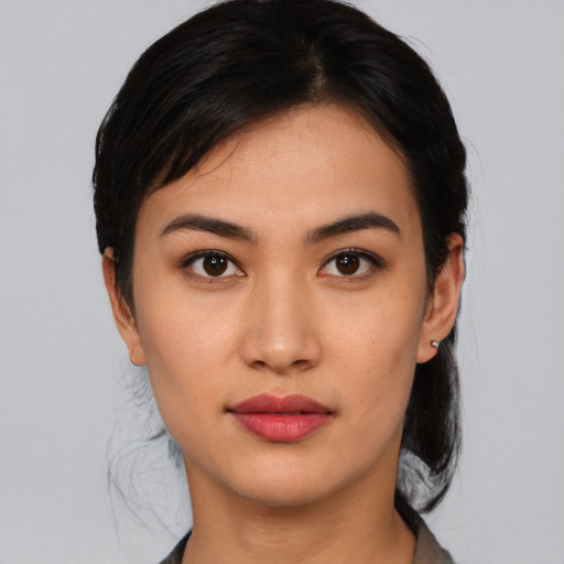Neutral asian young-adult female with medium  black hair and brown eyes