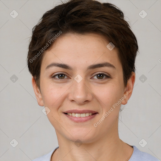 Joyful white young-adult female with short  brown hair and brown eyes