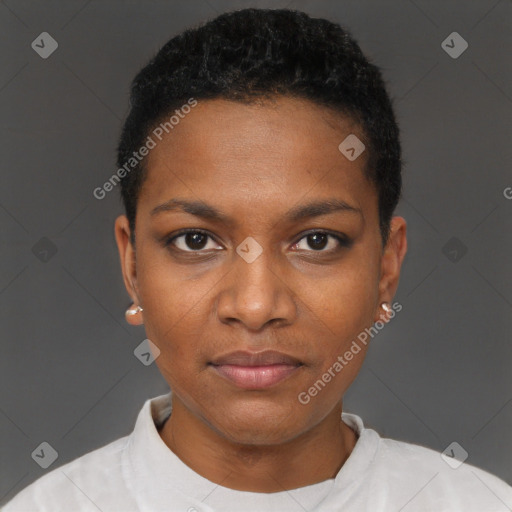 Neutral black young-adult female with short  black hair and brown eyes