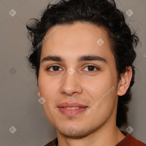 Joyful white young-adult male with medium  brown hair and brown eyes