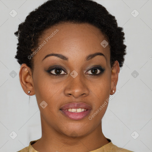 Joyful black young-adult female with short  brown hair and brown eyes