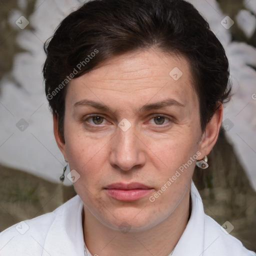 Joyful white adult female with short  brown hair and brown eyes