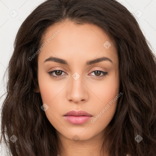 Neutral white young-adult female with long  brown hair and brown eyes