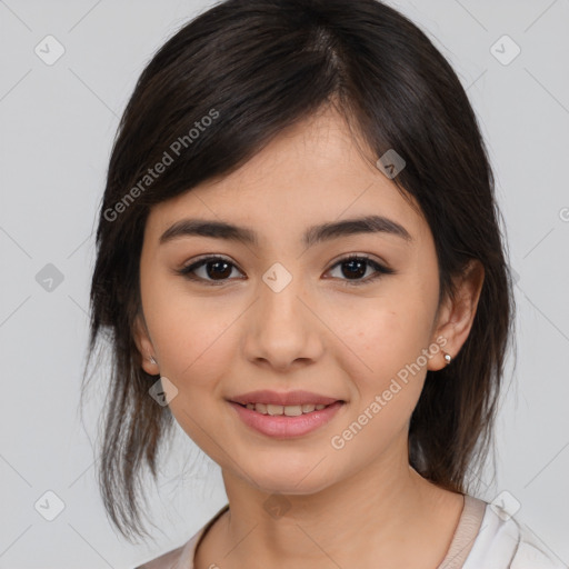 Joyful white young-adult female with medium  brown hair and brown eyes