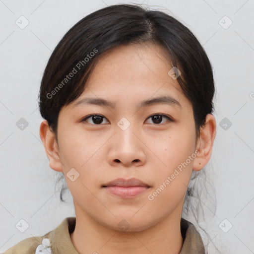 Neutral asian young-adult female with medium  brown hair and brown eyes