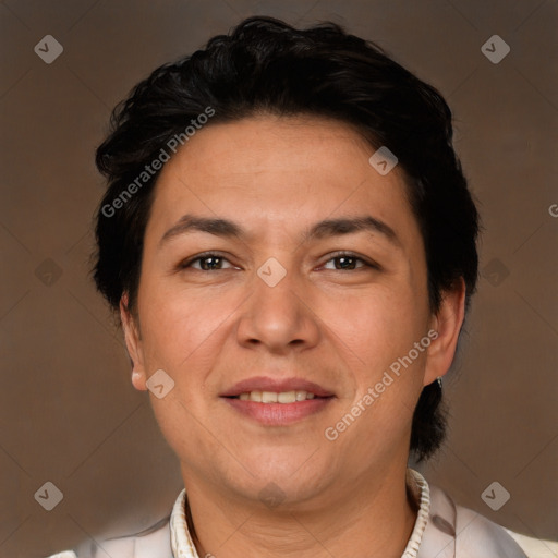 Joyful white adult female with short  brown hair and brown eyes