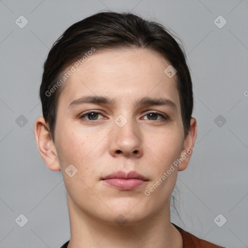 Neutral white young-adult male with short  brown hair and grey eyes