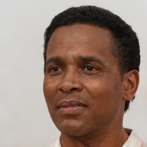 Neutral black adult male with short  brown hair and brown eyes