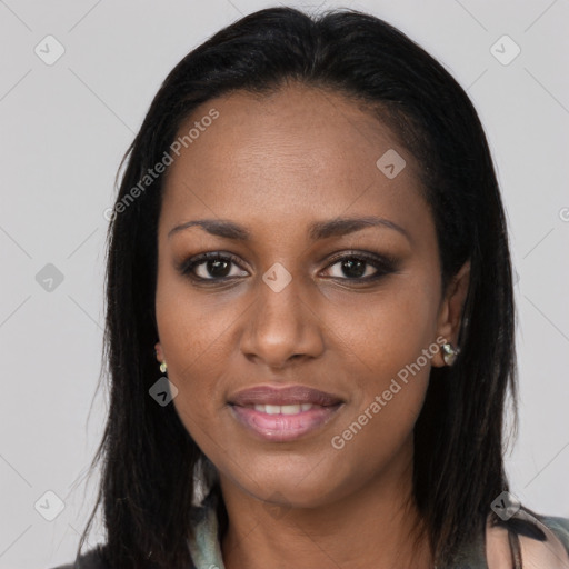 Joyful asian young-adult female with long  brown hair and brown eyes