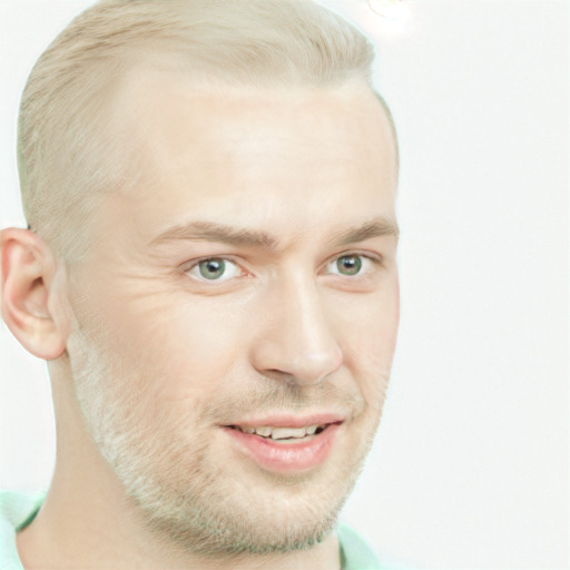 Joyful white young-adult male with short  brown hair and blue eyes