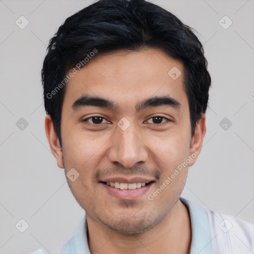 Joyful white young-adult male with short  black hair and brown eyes