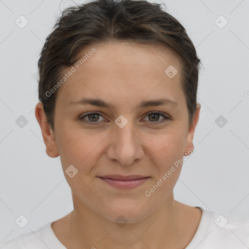 Joyful white young-adult female with short  brown hair and brown eyes