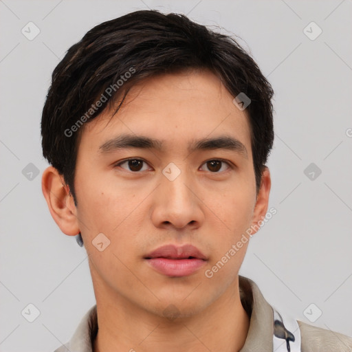 Neutral asian young-adult male with short  black hair and brown eyes