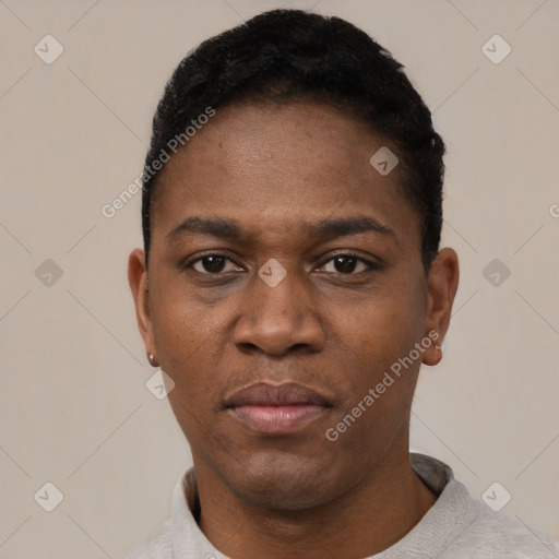 Neutral black young-adult male with short  black hair and brown eyes