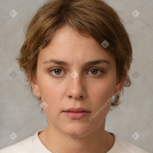 Neutral white young-adult female with medium  brown hair and brown eyes