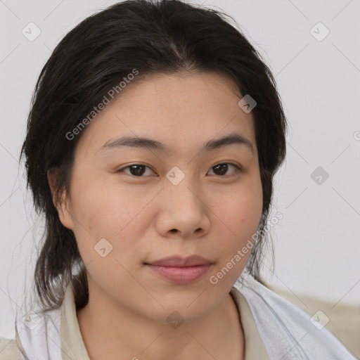 Neutral asian young-adult female with medium  brown hair and brown eyes