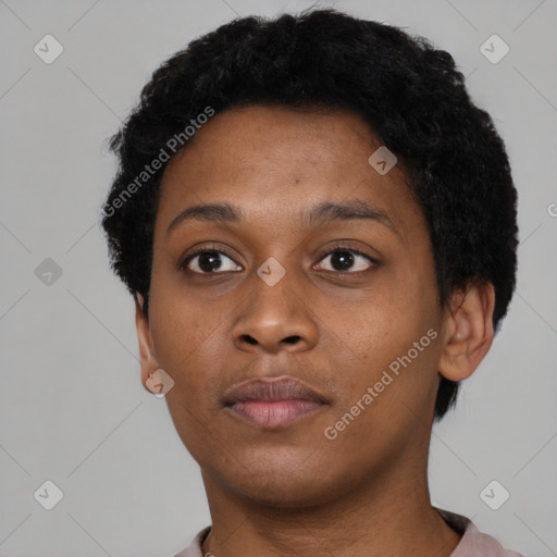 Neutral black young-adult female with short  black hair and brown eyes