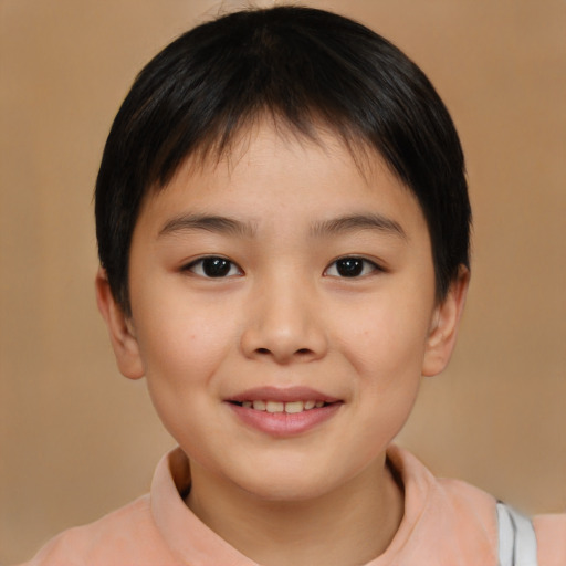 Joyful asian child female with short  brown hair and brown eyes