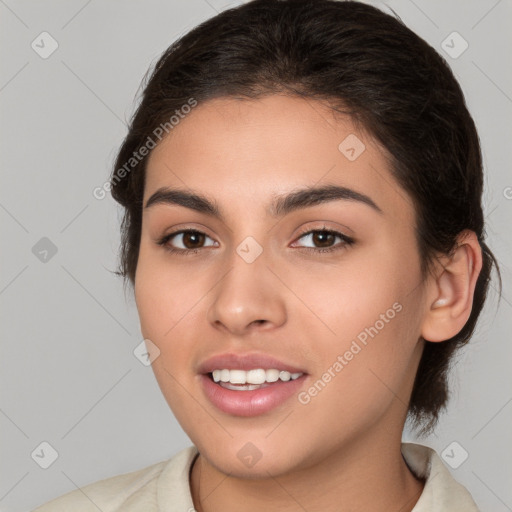 Joyful white young-adult female with medium  brown hair and brown eyes