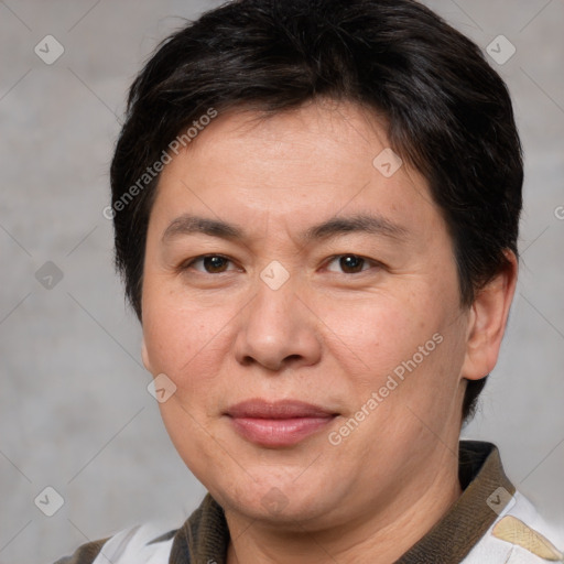 Joyful white adult female with short  brown hair and brown eyes