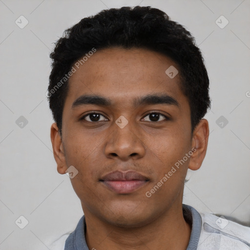 Neutral latino young-adult male with short  black hair and brown eyes