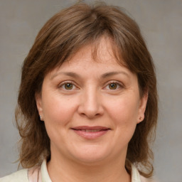 Joyful white adult female with medium  brown hair and brown eyes