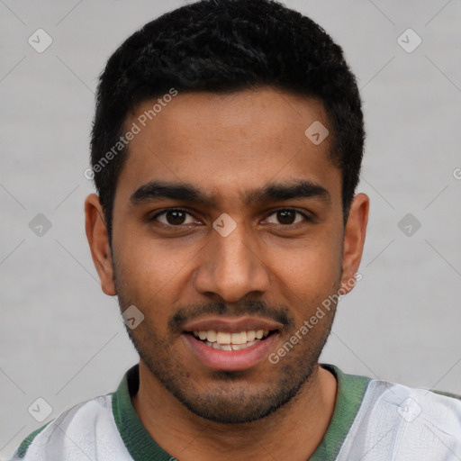 Joyful latino young-adult male with short  black hair and brown eyes