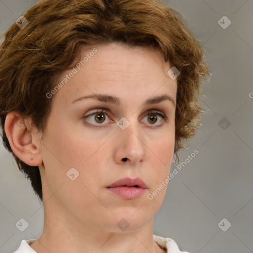 Neutral white young-adult female with short  brown hair and brown eyes