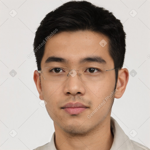 Neutral asian young-adult male with short  black hair and brown eyes