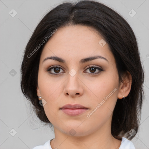 Neutral white young-adult female with medium  brown hair and brown eyes